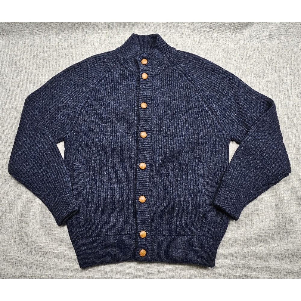 Vintage Allen Solly Sweater Mens Large Blue Shetland Wool Mock Neck Cardigan